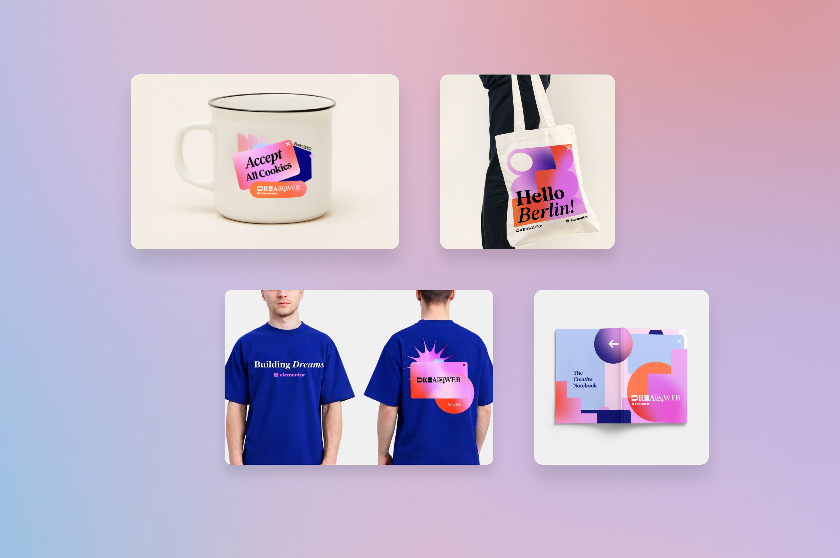 DreamWeb apparel, bags, notebooks, mugs and event materials