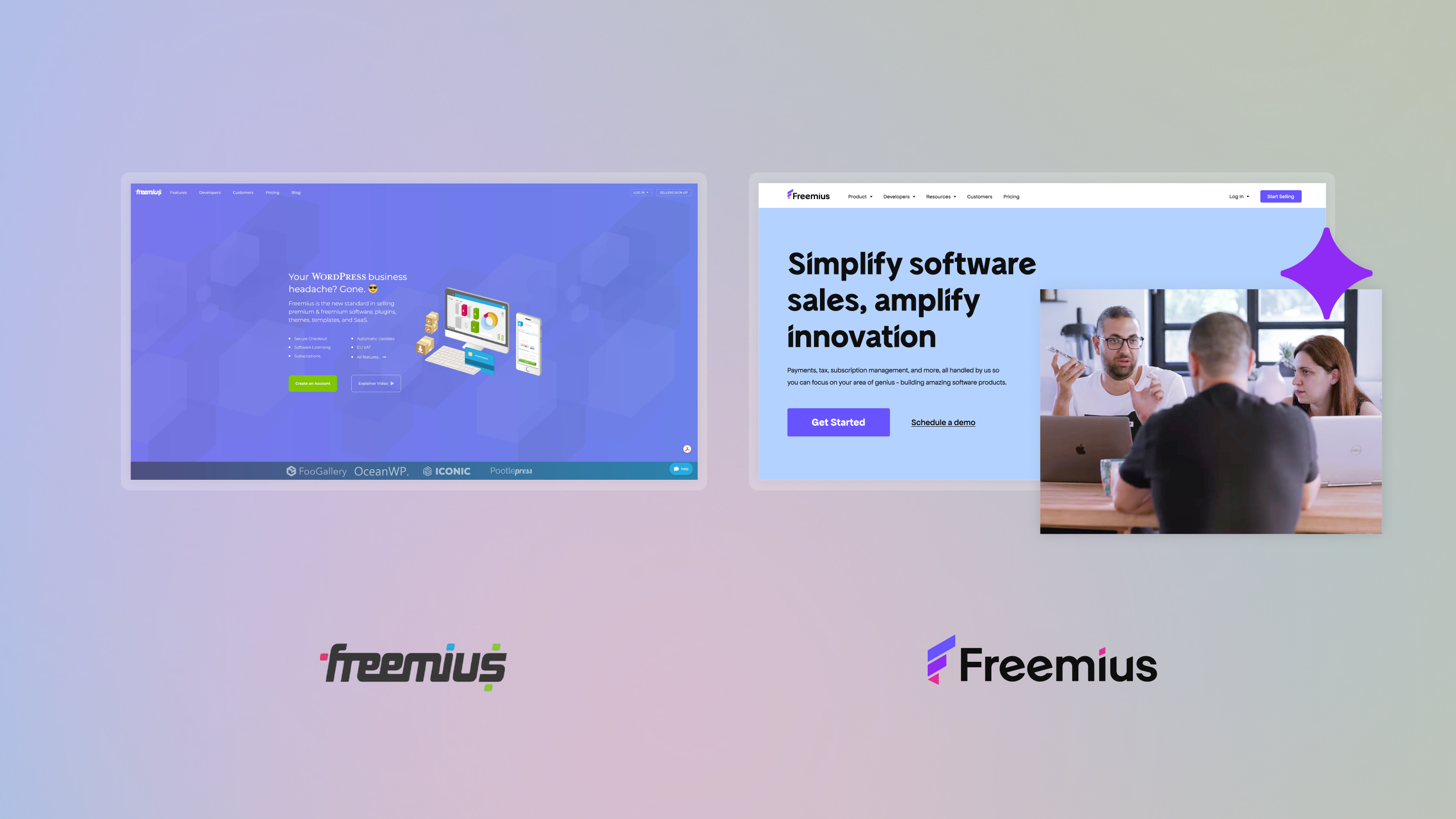 Freemius before and after: old identity on the left, new brand, product and website on the right