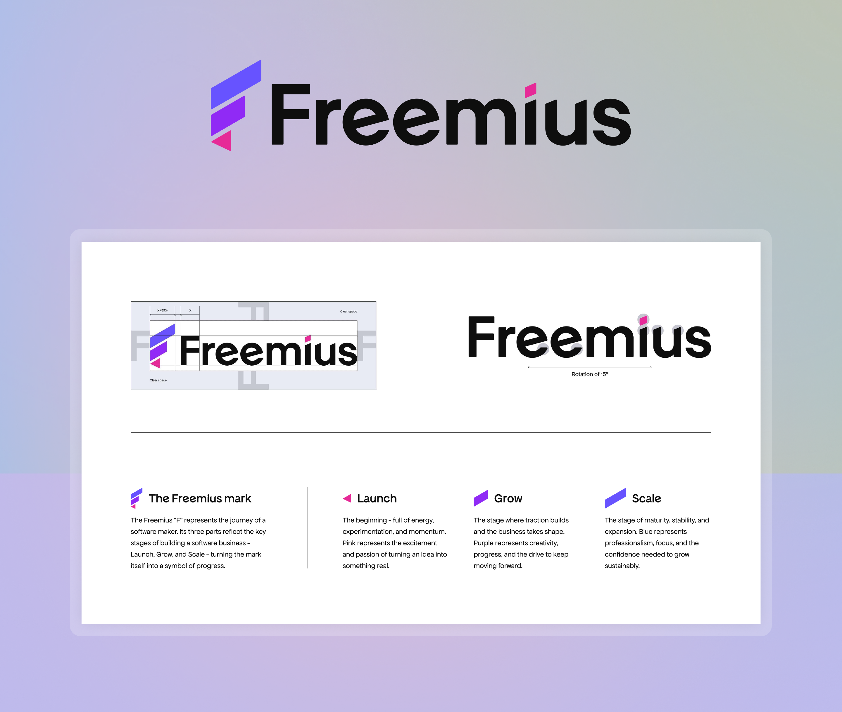 Freemius logo, F mark breakdown, and Launch, Grow, Scale concept