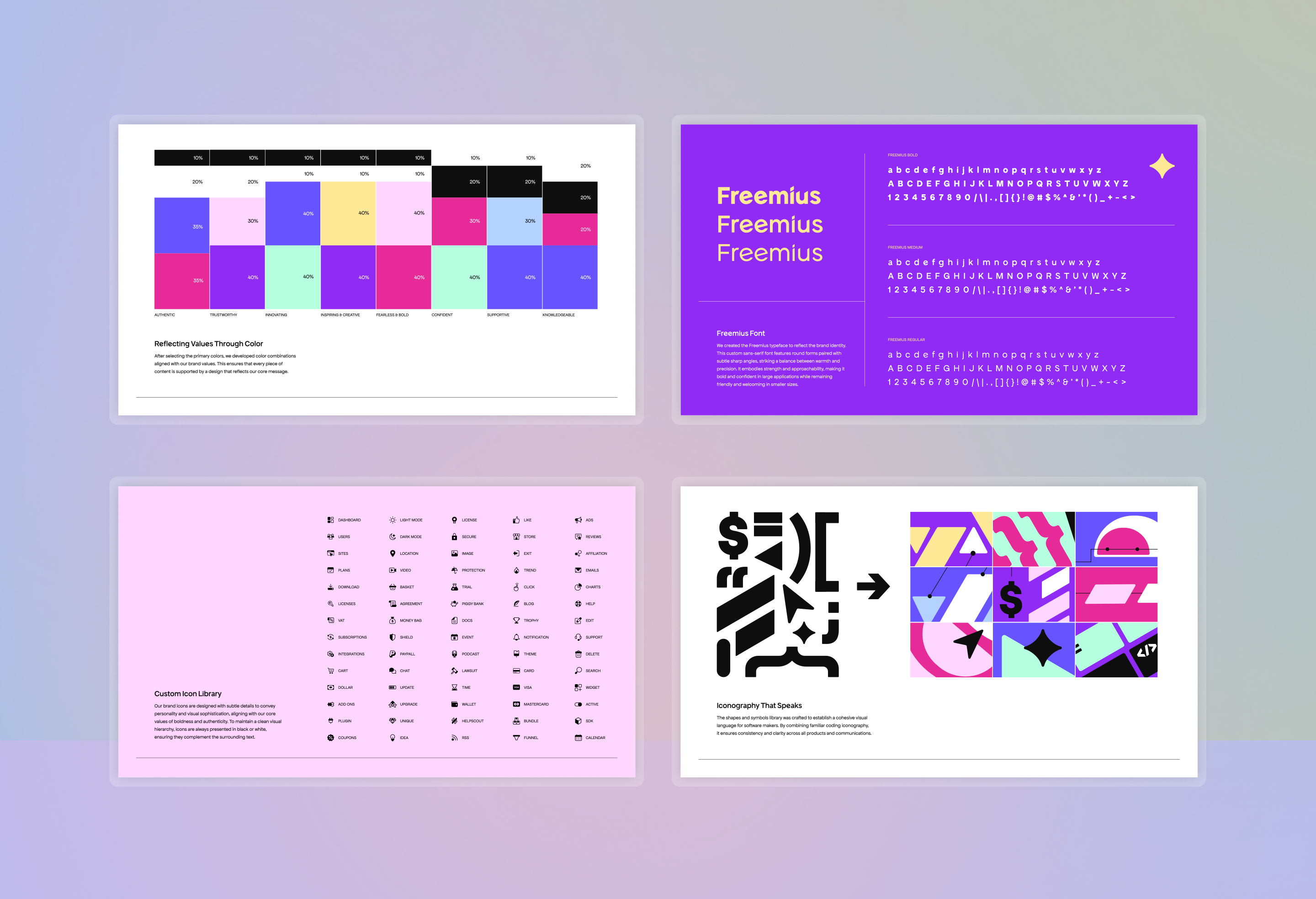 Four-panel Freemius brand system: color, typography, icon library and graphic language