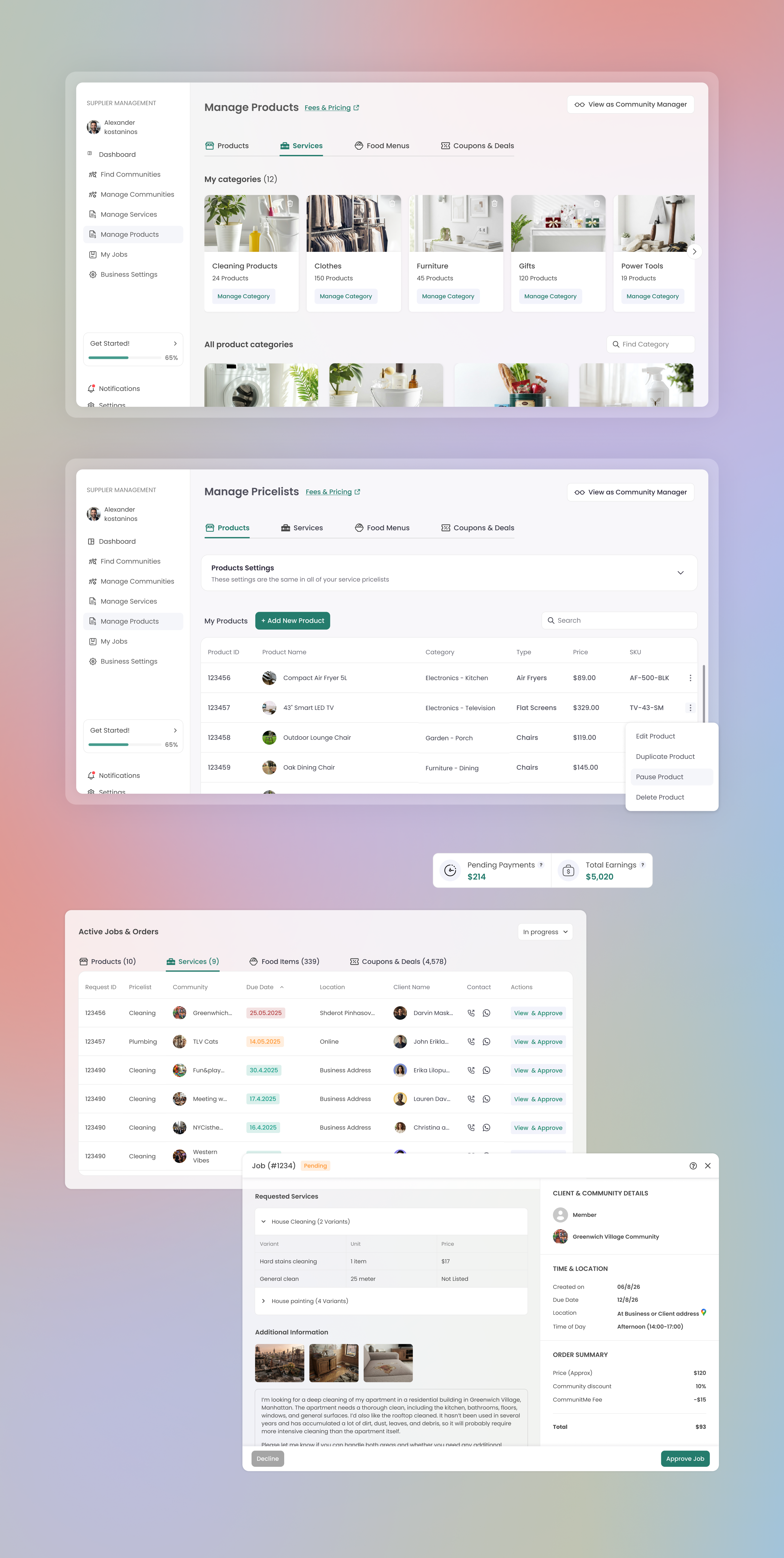 Keilot supplier operations screens